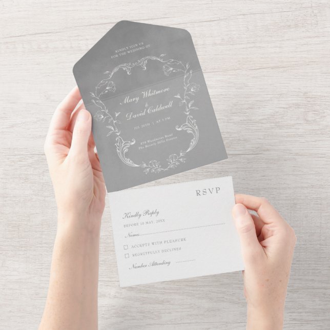 Invitación Todo En Uno Grey Velvet Elegant Baroque Frame Wedding (desgarro)