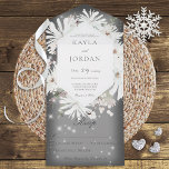Invitación Todo En Uno Gris de espuma floral blanca de invierno sin cena<br><div class="desc">TAMBIÉN ESTÁ DISPONIBLE CON UN CÓDIGO QR A ESCALAR. Este diseño sencillo y elegante está decorado con flores blancas de invierno sobre un suave paraguas blanco con un fondo gris oscuro. La invitación completa se resalta con destellos blancos. La solapa delantera contiene las primeras iniciales de la novia y el...</div>