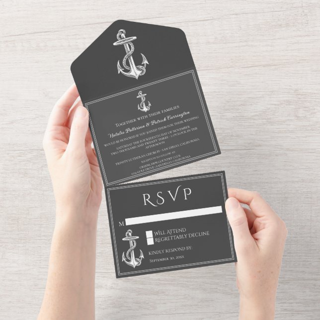 Invitación Todo En Uno Gris Nautical Anchor All in One Wedding Invitado (desgarro)
