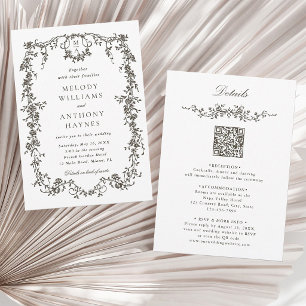 Invitación Todo en uno gris oscuro marrón floral francés boda