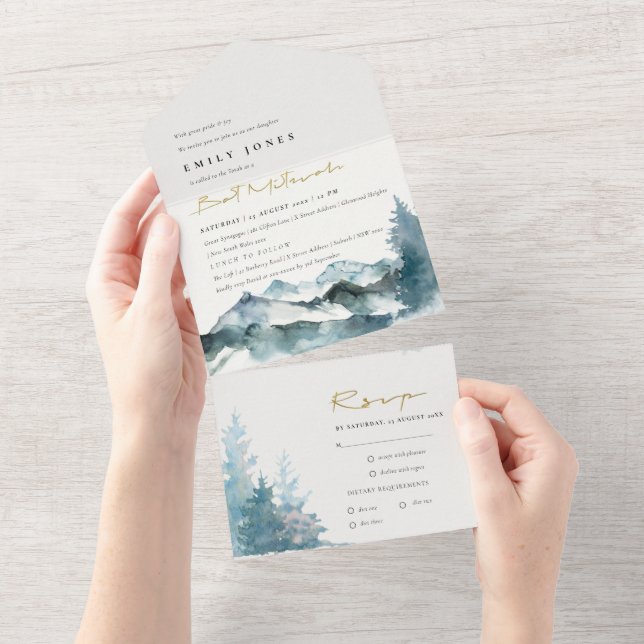 Invitación Todo En Uno Gris Rubor Green Blue Mountains Pine Bat Mitzvah (desgarro)