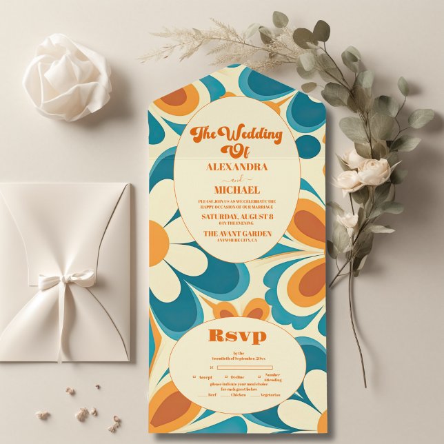 Invitación Todo En Uno Groovy Colorful Unique Retro Boda (Subido por el creador)