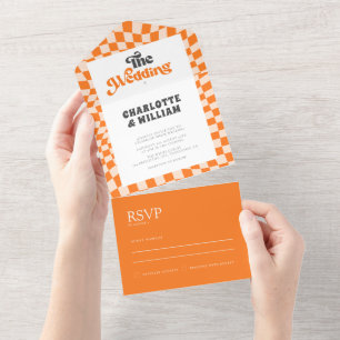 Invitación Todo En Uno Groovy Naranja verificó Boda moderno único