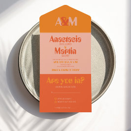 Invitación Todo En Uno Groovy Retro 70s Naranja audaz Boda