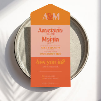 Invitación Todo En Uno Groovy Retro 70s Naranja audaz Boda