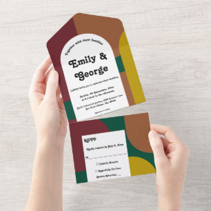 Invitación Todo En Uno Groovy retro colorido moderno Resumen Boda de arte