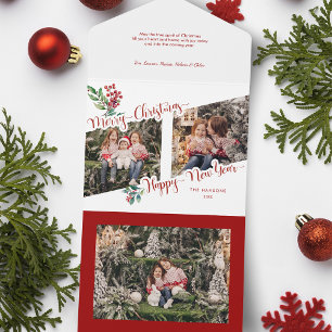 Invitación Todo En Uno Guay Merry Christmas Caligraphy Holly 2-Photo