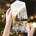 Invitación Todo En Uno Guión alegre de oro de moda con foto curva<br><div class="desc">Moda,  diseño moderno de vacaciones con elegante escritura personalizado "Joyful" en un estilo de gradiente dorado con una plantilla única de fotos curvada y sutiles acuarelas doradas estilo paisaje invernal. Los paneles cuentan con gráficos complementarios con campos de texto adicionales y plantilla de fotografía.</div>