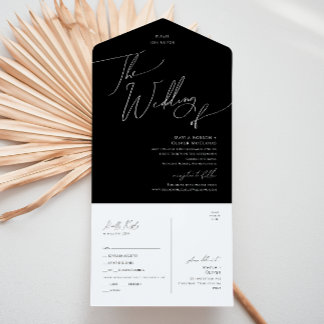 Invitación Todo En Uno Guión caprichoso | Boda negro de sellado y envío