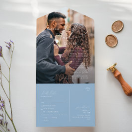 Invitación Todo En Uno Guión caprichoso | Sello fotográfico azul turbio y