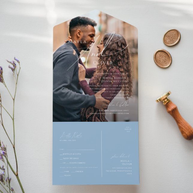 Invitación Todo En Uno Guión caprichoso | Sello fotográfico azul turbio y (Subido por el creador)