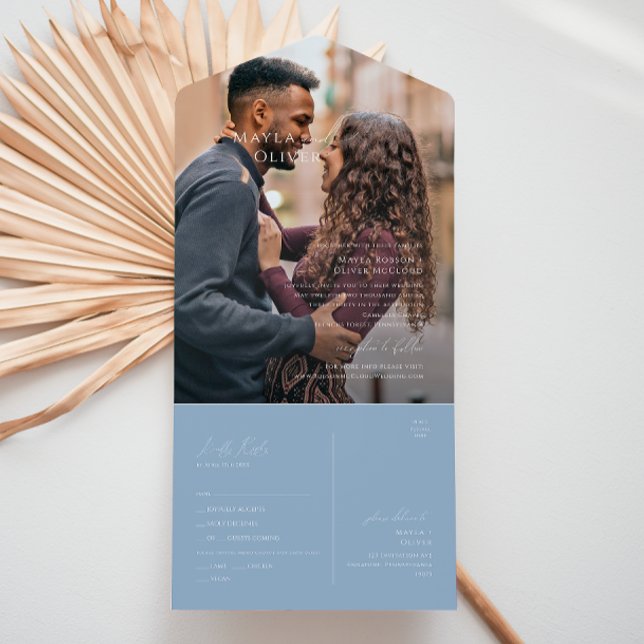 Invitación Todo En Uno Guión caprichoso | Sello fotográfico azul turbio y (Subido por el creador)