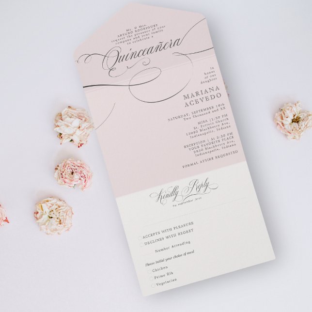 Invitación Todo En Uno Guión clásico Tradicionalidad Palabras rosa Quince (Subido por el creador)