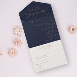 Invitación Todo En Uno Guión clásico Tradicionalismo Navy Quinceañera