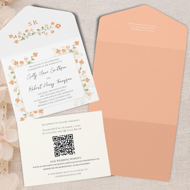 Invitación Todo En Uno Guión de caligrafía floral elegante para la boda (Elegant peach floral wedding all-in-one style invitation. )