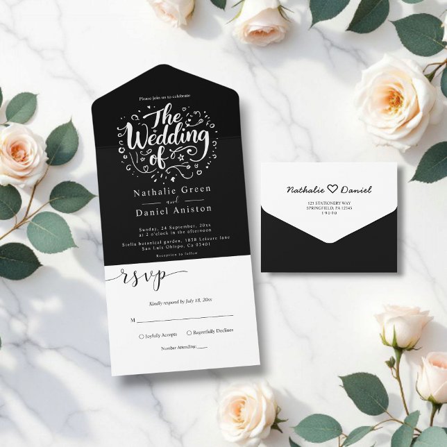 Invitación Todo En Uno Guión De Caligrafía Moderna Boda Blanco Y Negro (Subido por el creador)