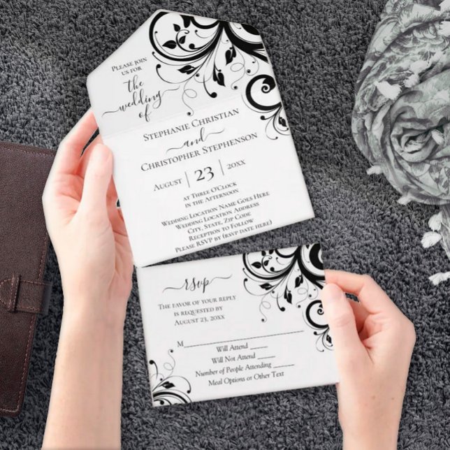 Invitación Todo En Uno Guión de Swirl negro y blanco festivo todo en uno (Subido por el creador)