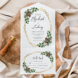 Invitación Todo En Uno Guión de verde acuarela de la boda de invierno