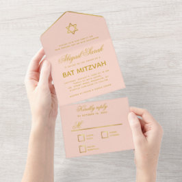 Invitación Todo En Uno Guión elegante de Bat Mitzvah Rubor Faux Gold