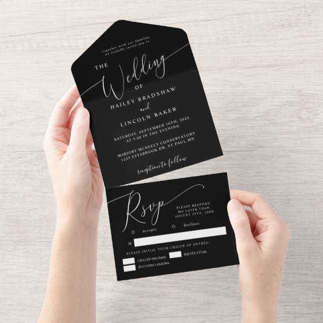 Invitación Todo En Uno Guión elegante de Boda mínimo negro (desgarro)