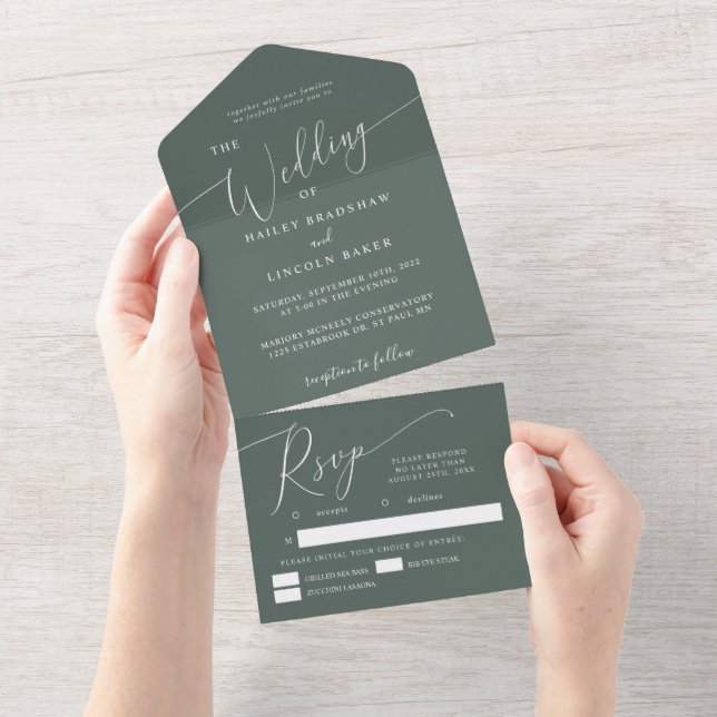Invitación Todo En Uno Guión elegante de Boda mínimo verde (desgarro)