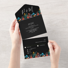 Invitación Todo En Uno Guión elegante floral Minimalista negro