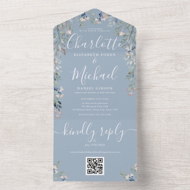 Invitación Todo En Uno Guión floral Código QR Boda azul turbio (Interior)