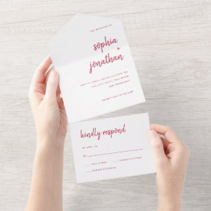 Invitación Todo En Uno Guión Minimalista moderno   Boda rojo magenta