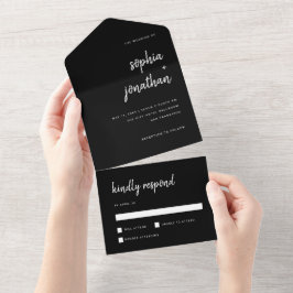 Invitación Todo En Uno Guión Minimalista moderno negro | BODA