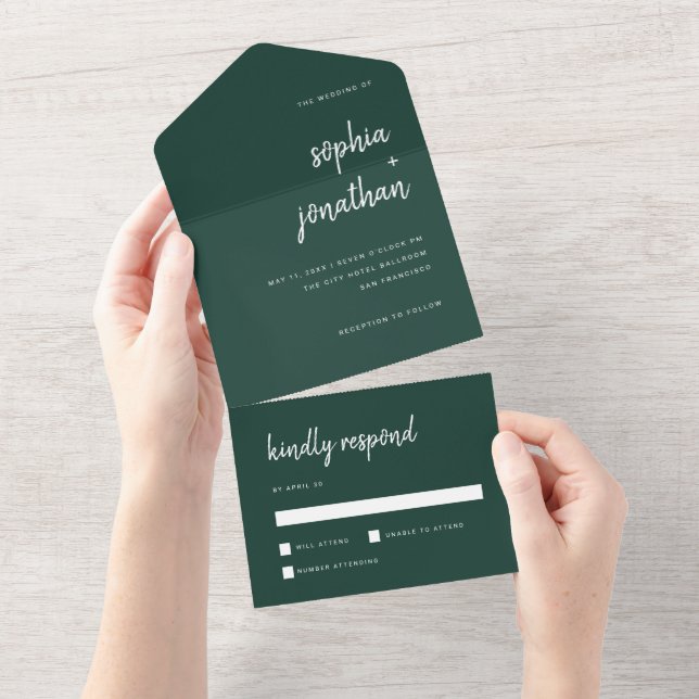 Invitación Todo En Uno Guión Minimalista moderno verde esmeralda | BODA (desgarro)