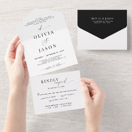 Invitación Todo En Uno Guión romántico moderno Boda blanca negra Rsvp
