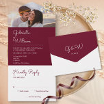 Invitación Todo En Uno Guión simple Boda de fotos en monograma de Borgoña<br><div class="desc">Todo en una invitación a la boda con tu foto, iniciales de monograma y elegante tipografía minimalista moderna sobre un fondo de color burdeos. La invitación incluye una tarjeta RSVP perforada que puede ser dirigida individualmente o dejada en blanco para que usted escriba a mano los detalles de la dirección...</div>