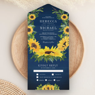Invitación Todo En Uno Guirnalda de Girasoles Country de Madera Azul Mari