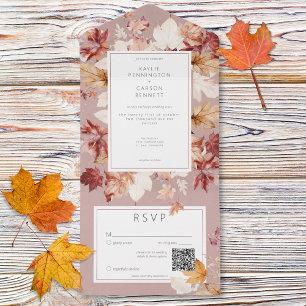 Invitación Todo En Uno Guirnalda Rústica de Hojas de Otoño Burdeos Código