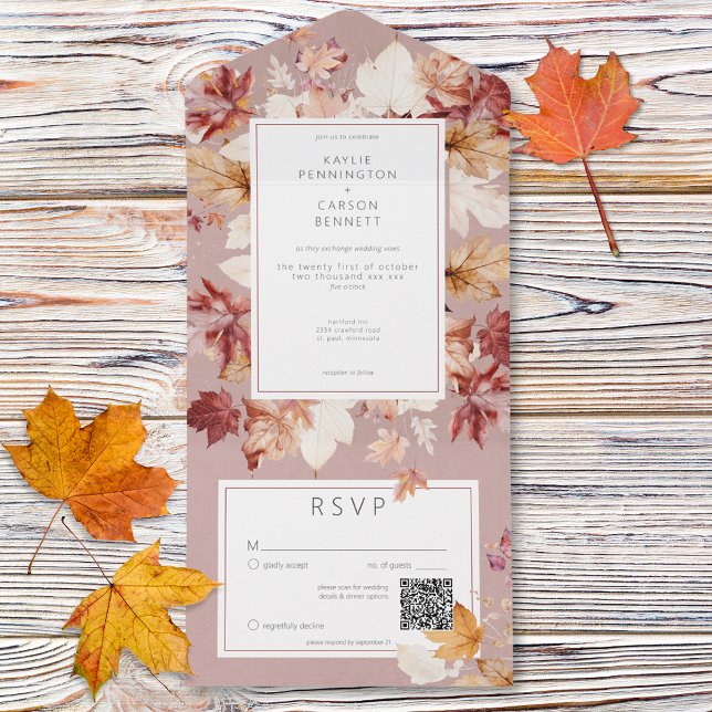 Invitación Todo En Uno Guirnalda Rústica de Hojas de Otoño Burdeos Código (Rustic Wreath of Fall Leaves Burgundy QR Code All In One Invitation)