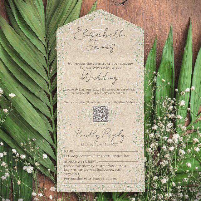 Invitación Todo En Uno Gypsophila acuarela Floral Rustic & Boho Boda (Subido por el creador)