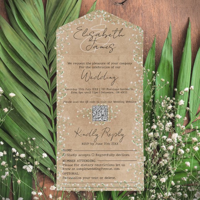 Invitación Todo En Uno Gypsophila acuarela Floral Rustic & Boho Boda (Subido por el creador)