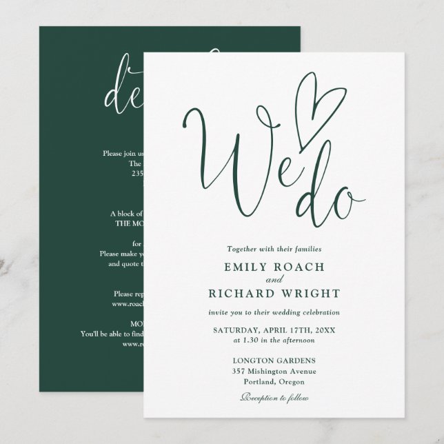 Invitación Todo en uno hacemos corazón boda verde esmeralda (Anverso / Reverso)