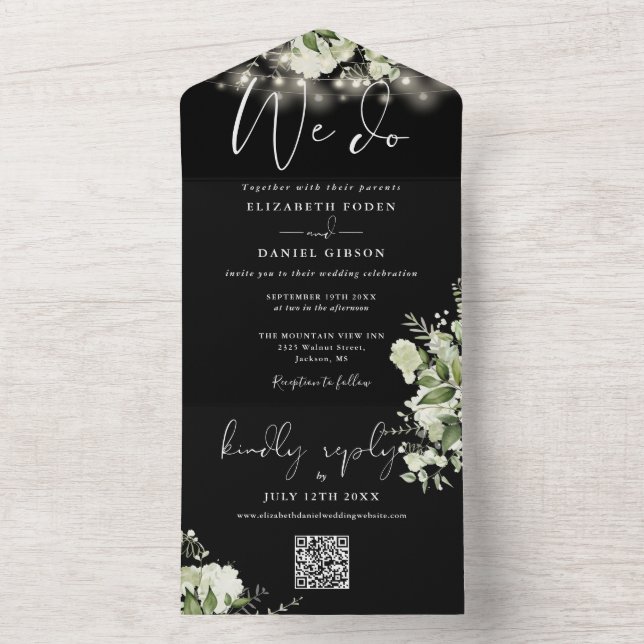 Invitación Todo En Uno Hacemos Luces de cadena de verde Boda de código QR (Interior)