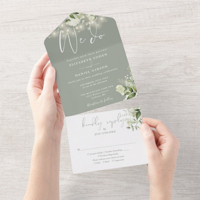 Invitación Todo En Uno Hacemos Luces de Cadena de Verdor Sage Green Boda (desgarro)