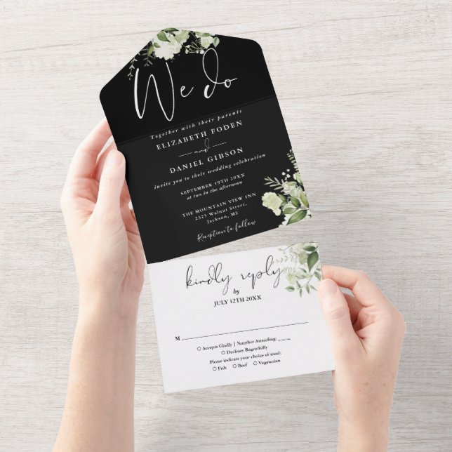 Invitación Todo En Uno Hacemos Monograma Verde Boda Blanco Y Negro (desgarro)