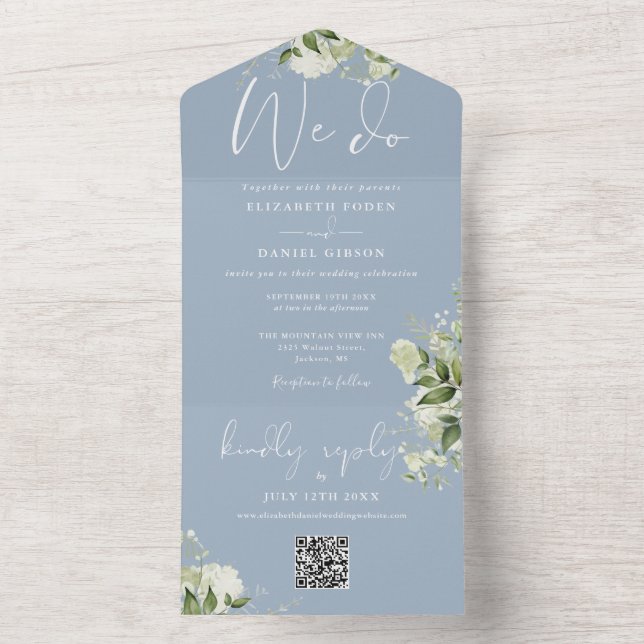 Invitación Todo En Uno Hacemos verde código QR Monograma Boda azul turbio (Interior)