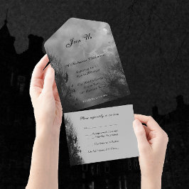 Invitación Todo En Uno Halloween con cielo embrujado y Ravens en una sola