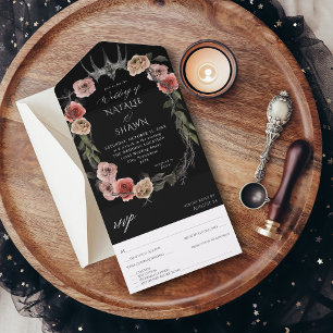 Invitación Todo En Uno Halloween Crown Pink & Black Floral Boda Negro