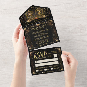 Invitación Todo En Uno Halloween Elegant Golden Skeletons MENU RSVP