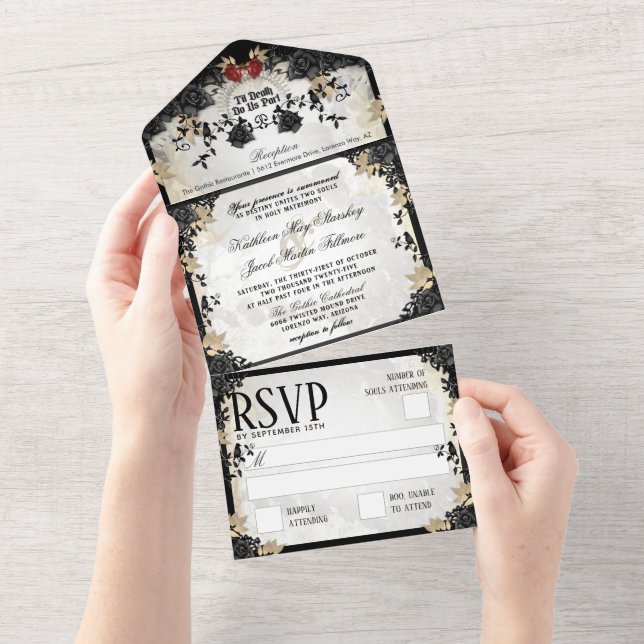 Invitación Todo En Uno Halloween Elegante Rosa negro esqueletos Bodas (desgarro)