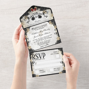 Invitación Todo En Uno Halloween Elegante Rosa negro esqueletos Bodas