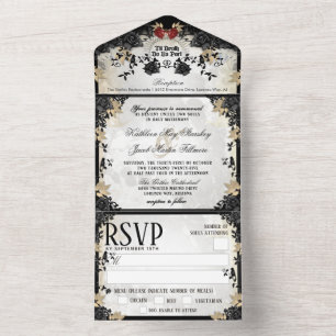 Invitación Todo En Uno Halloween Elegante Rosa Negro Skeletons MENU RSVP