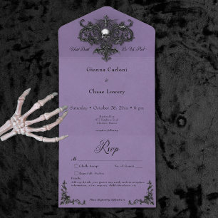 Invitación Todo En Uno Halloween Gótico Negro y Morado Filigree No Dinner