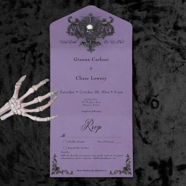 Invitación Todo En Uno Halloween Gótico Negro y Morado Filigree No Dinner (Gothic Black & Purple Halloween Filigree No Dinner All In One Invitation)